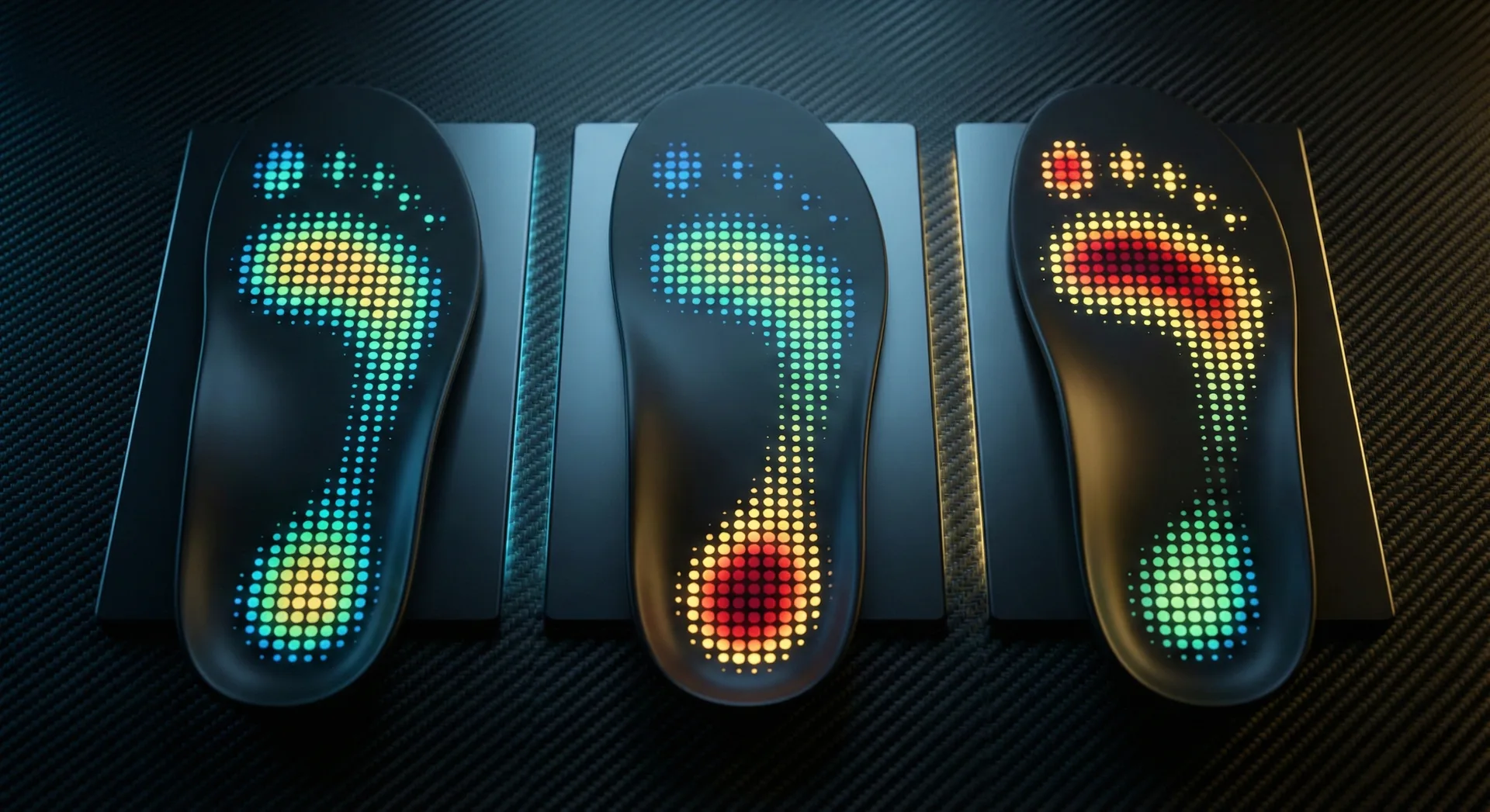 足底热力图：平衡 / 后跟偏重 / 前掌冲刺（示意）